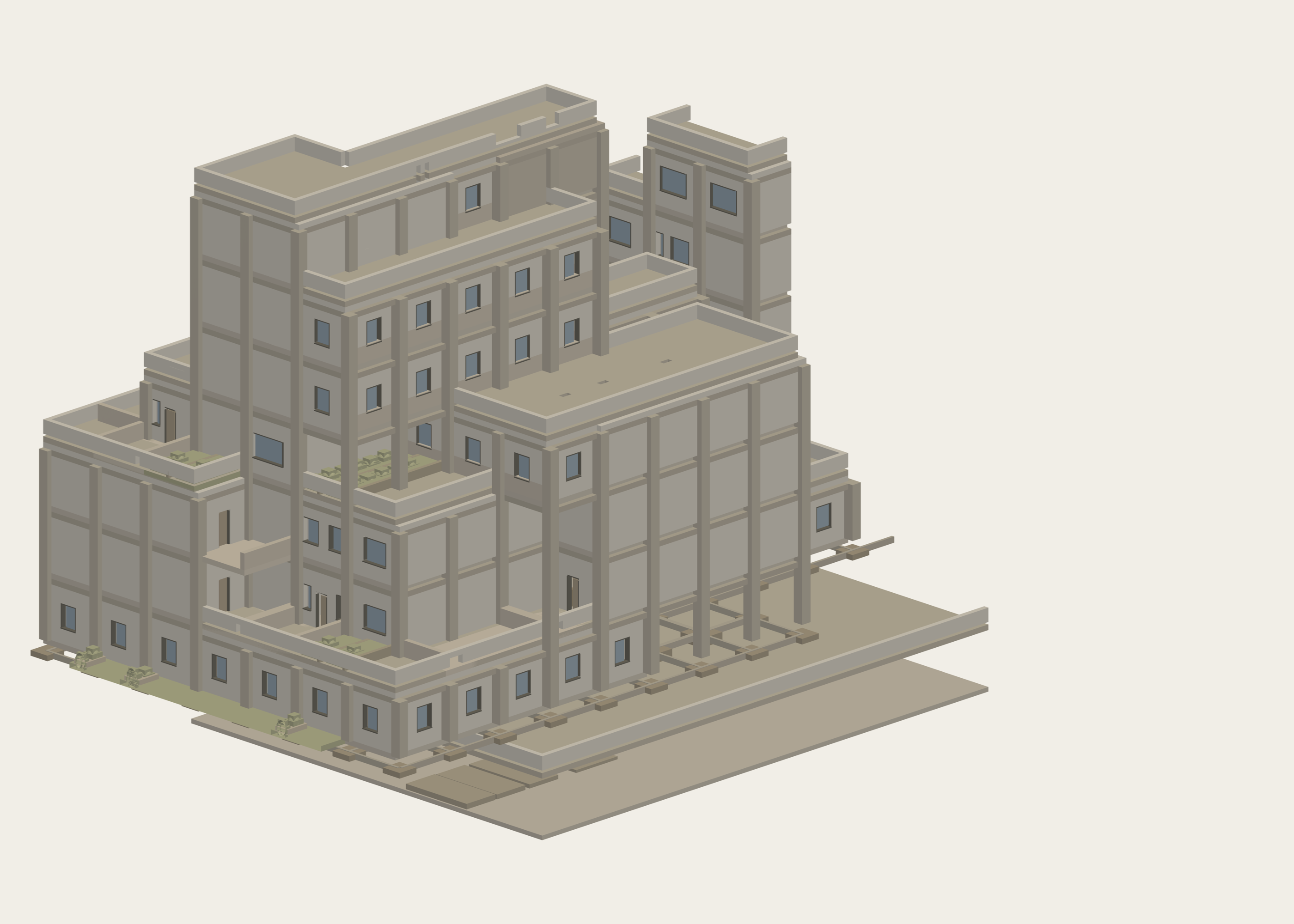 Model render of a C01 residential cluster with gallery and facade detail