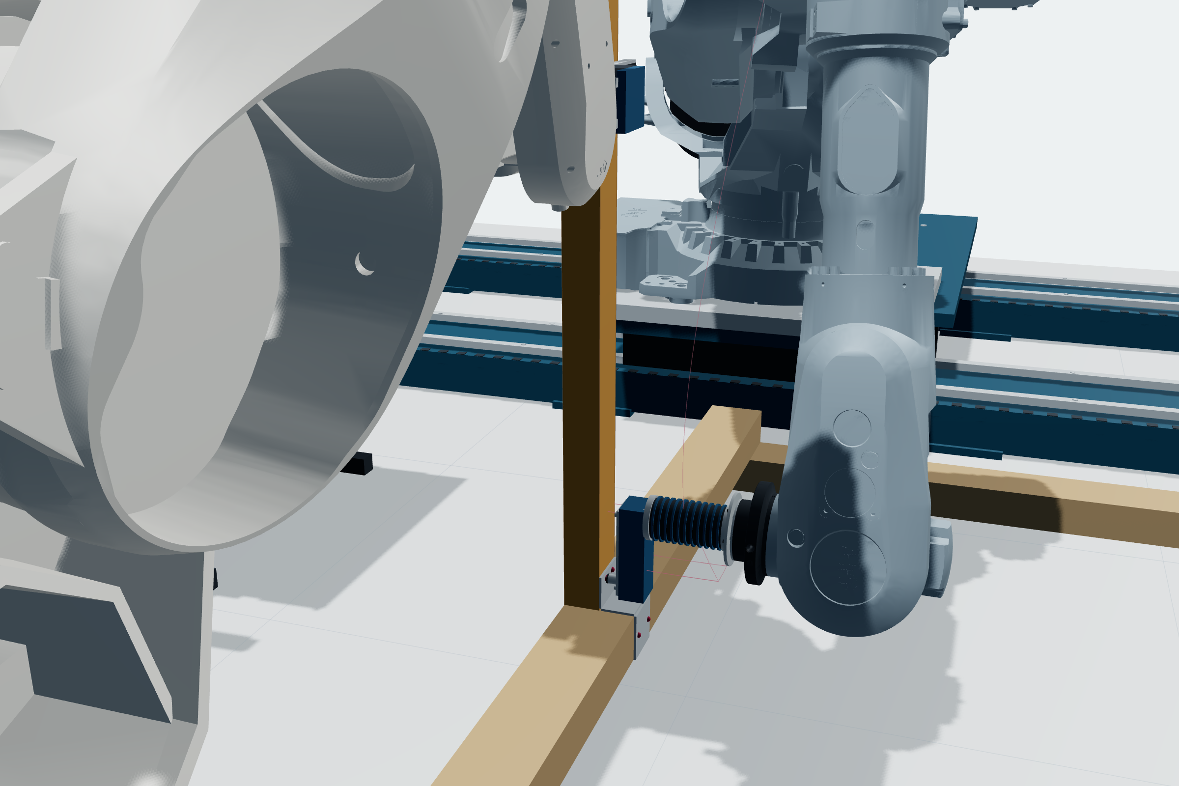 Original-color source model showing two robot arms at a timber connection