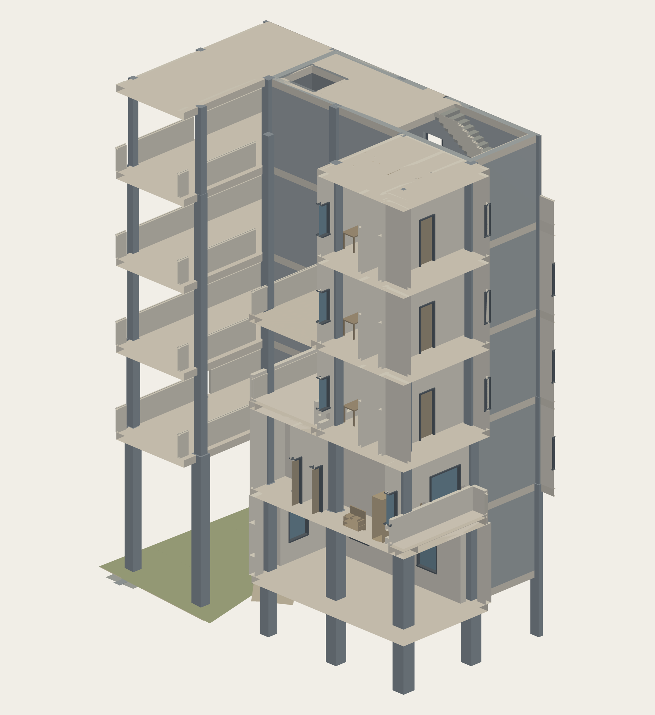 Sectional axonometric of a Shahrak residential core