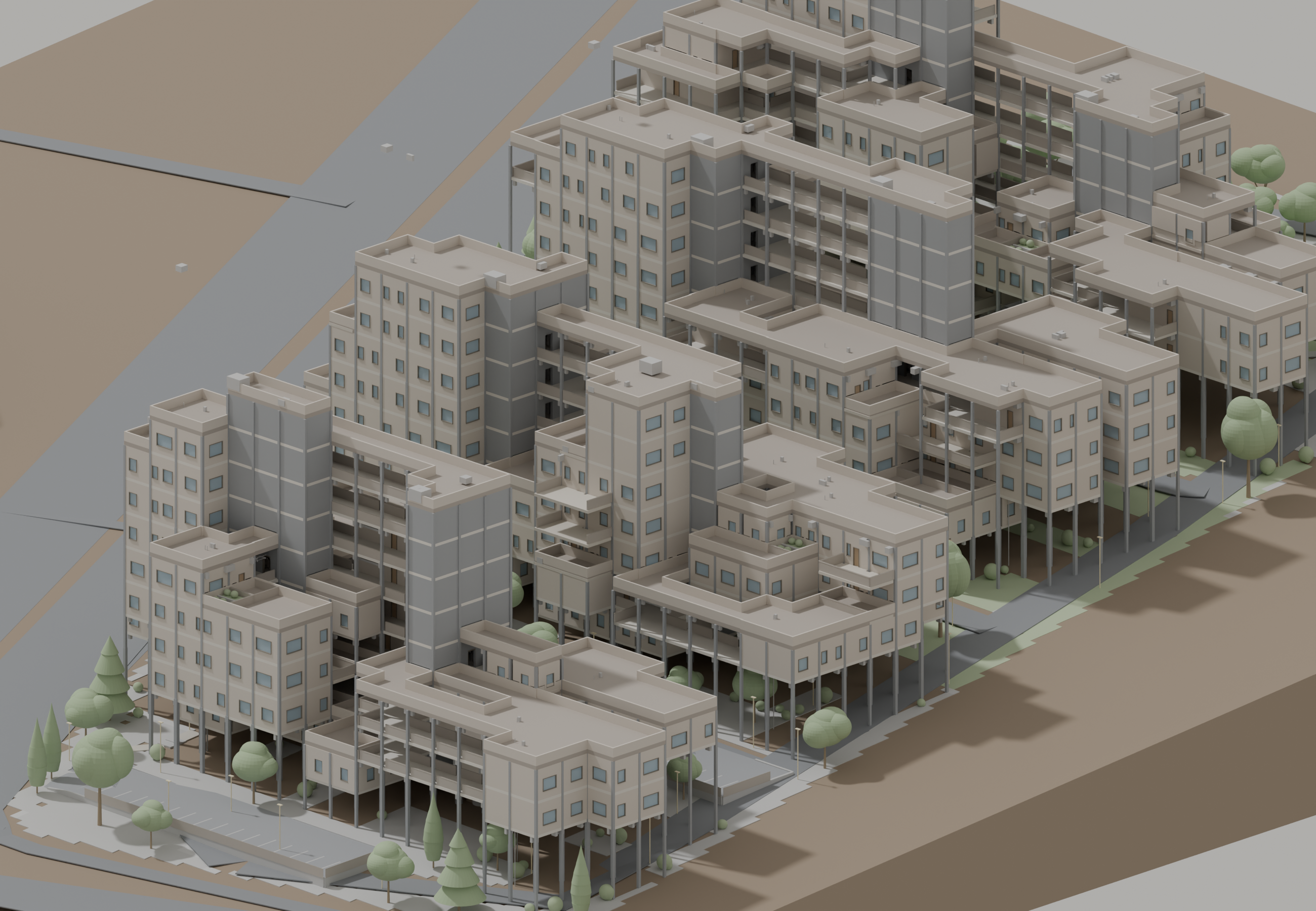 Model render of galleries, homes and shared garden in the saved Shahrak case