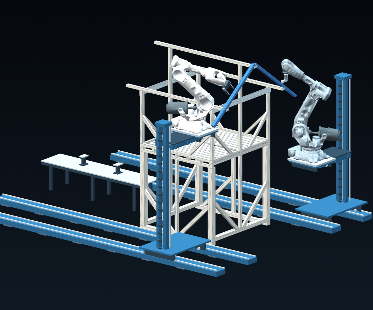Dark source-mesh rendering of the first gable rafter pair with one robot in a saved holding pose and the other in a proposed joining pose