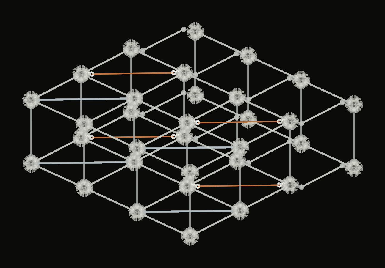Folded spatial assembly study using the saved printed nodes, sphere-ended rods, eye clips and two-grip bars