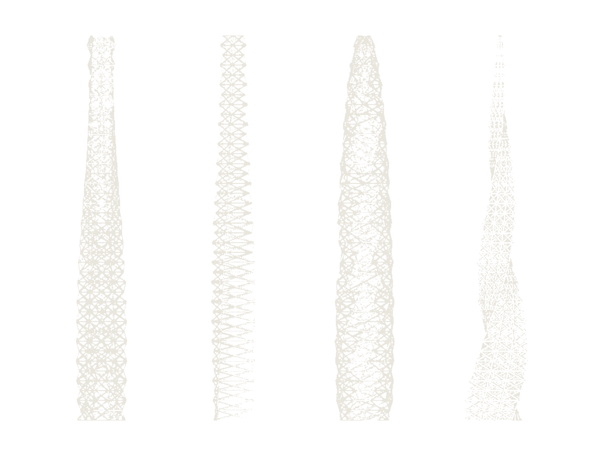 Four wireframe tower views extracted from page 8 of the retained structural sheet