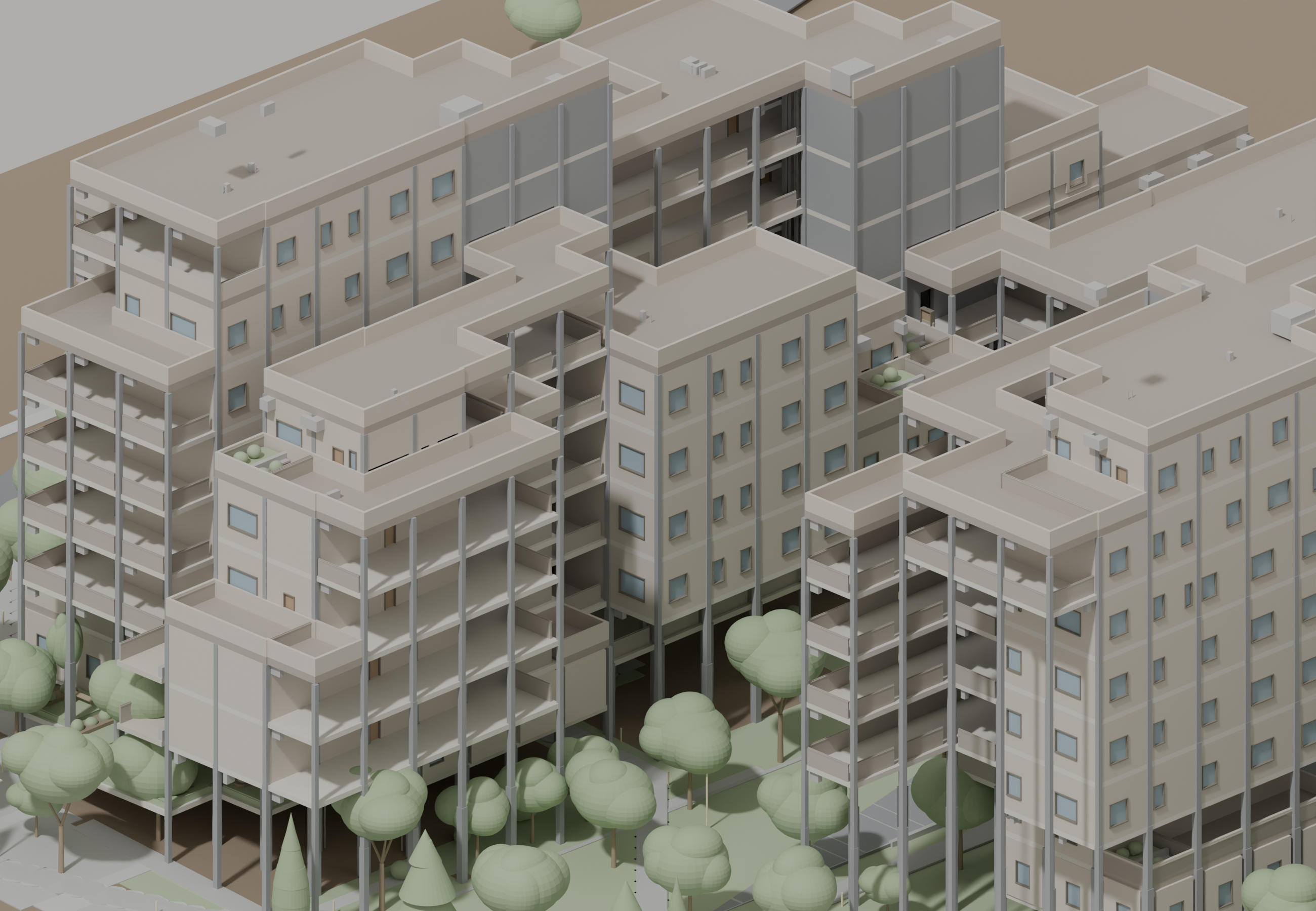 Model render of stepped homes, terraces and shared ground in the saved Shahrak design