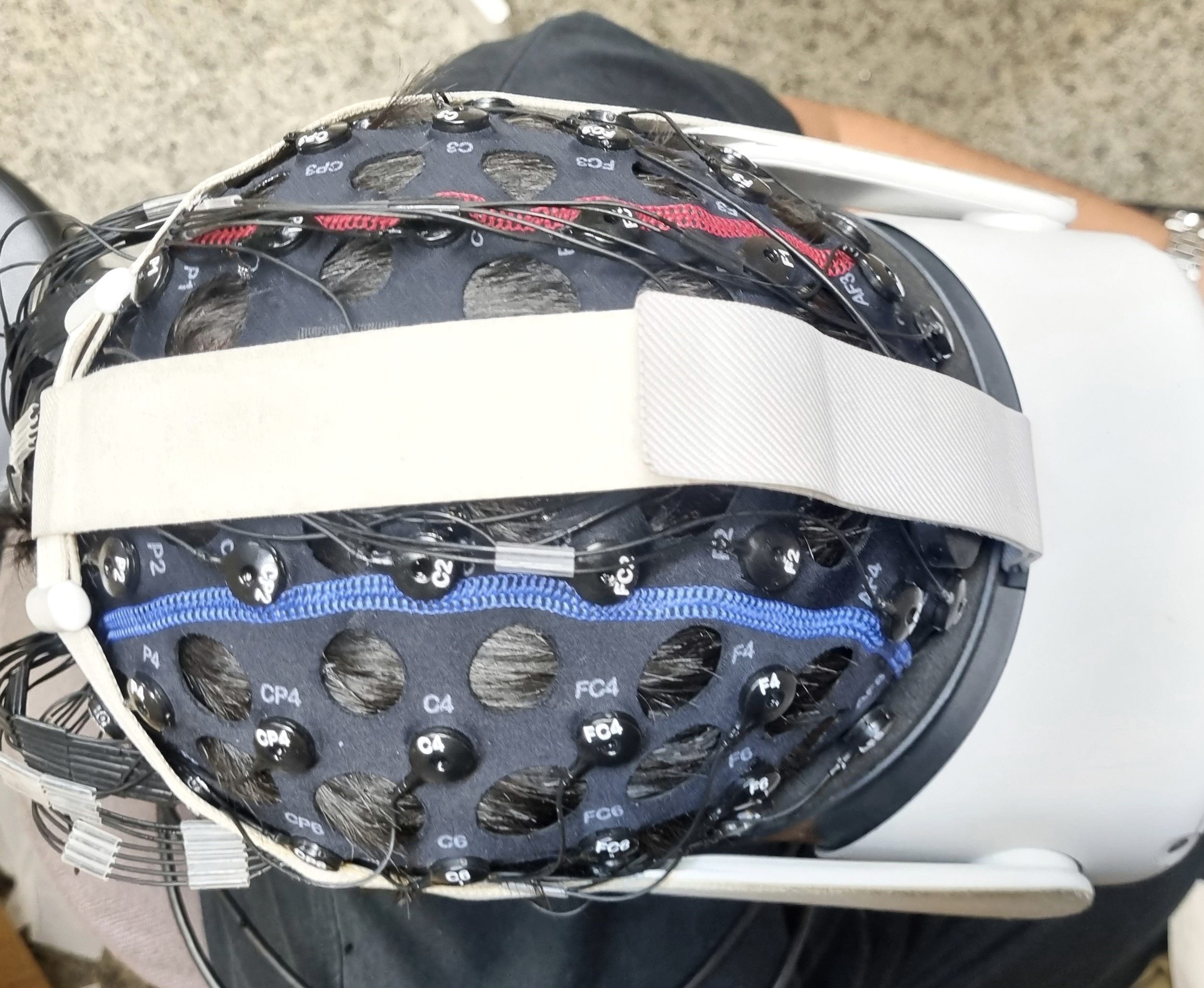 Overhead view of VR top strap across EEG cap