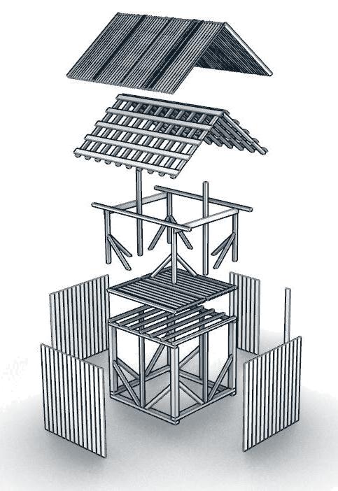 Original Nefar exploded assembly drawing with roof, frame, floor and cladding layers