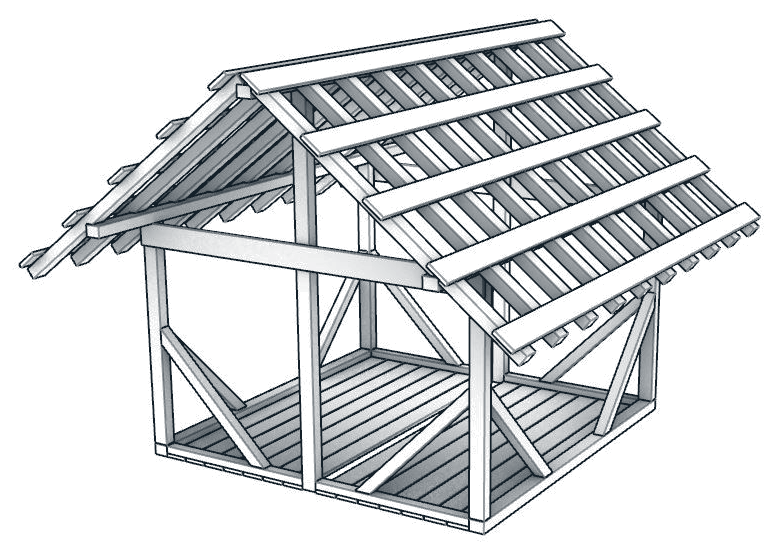 Original Nefar axonometric showing the un-clad timber frame and roof members