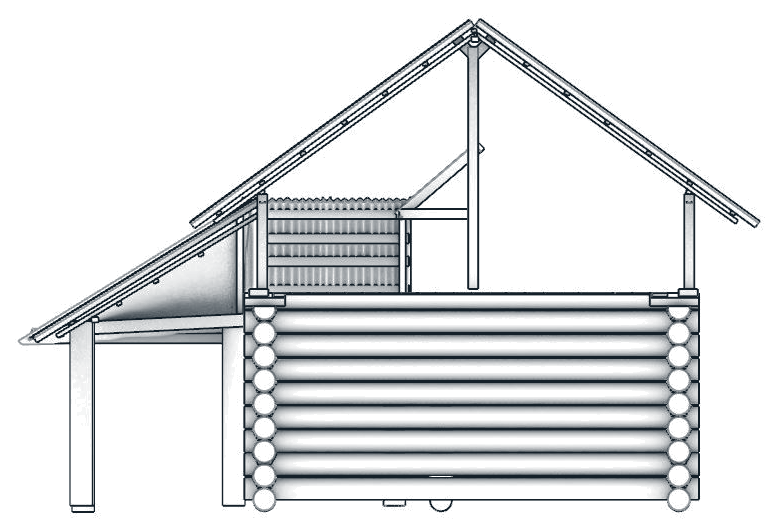Original Telar transverse section showing the gable roof, log wall and side canopy
