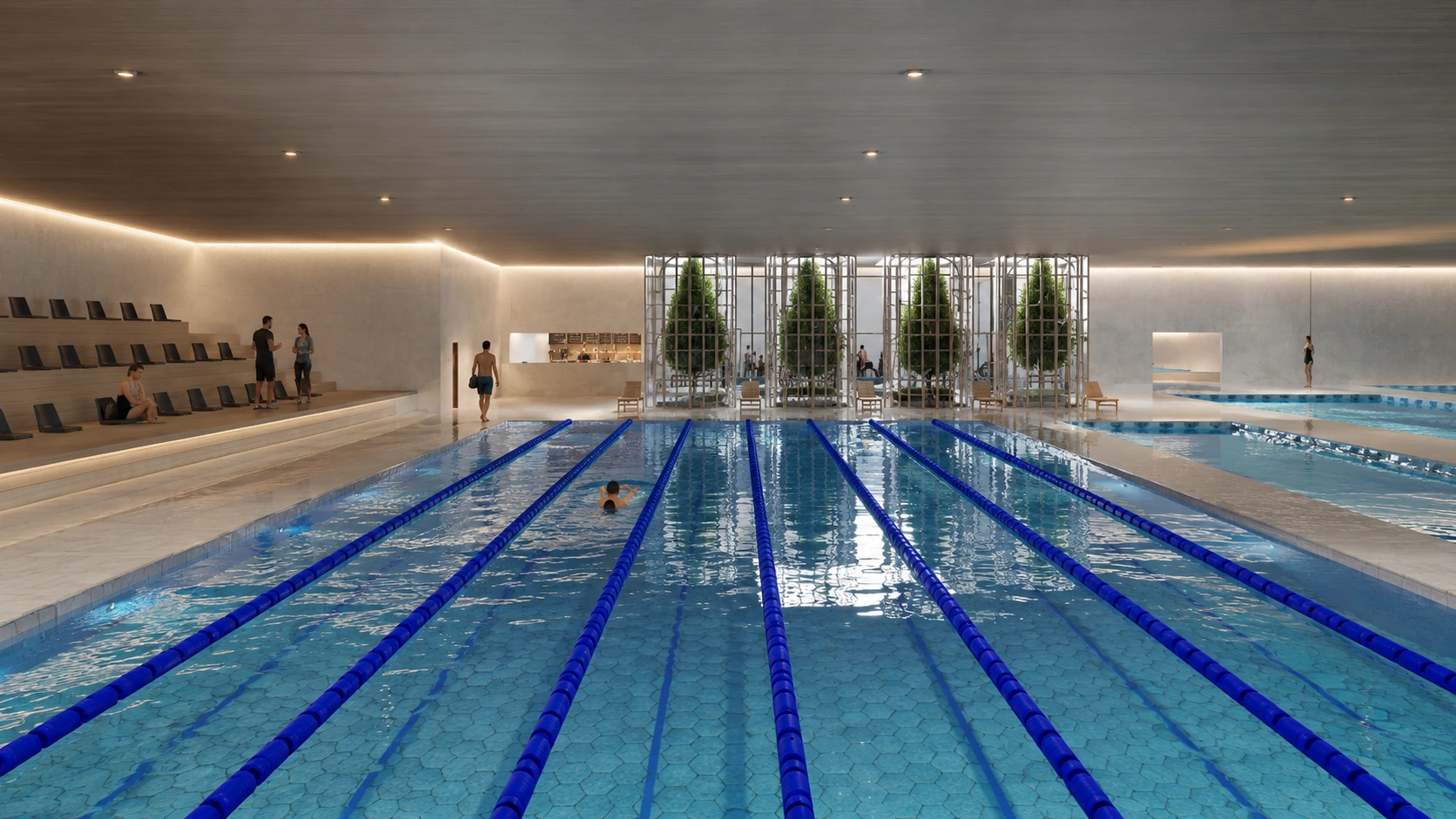 Original pool hall visualisation, with training lanes and planted circular wells beside the water