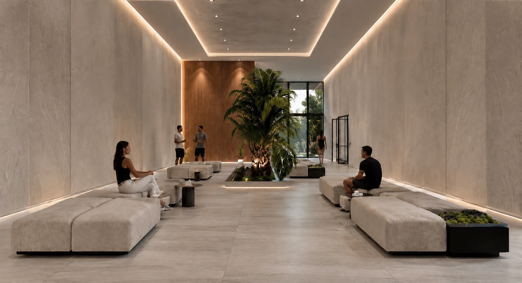 Original foyer visualisation with seating, planted interior edges and daylight at its end