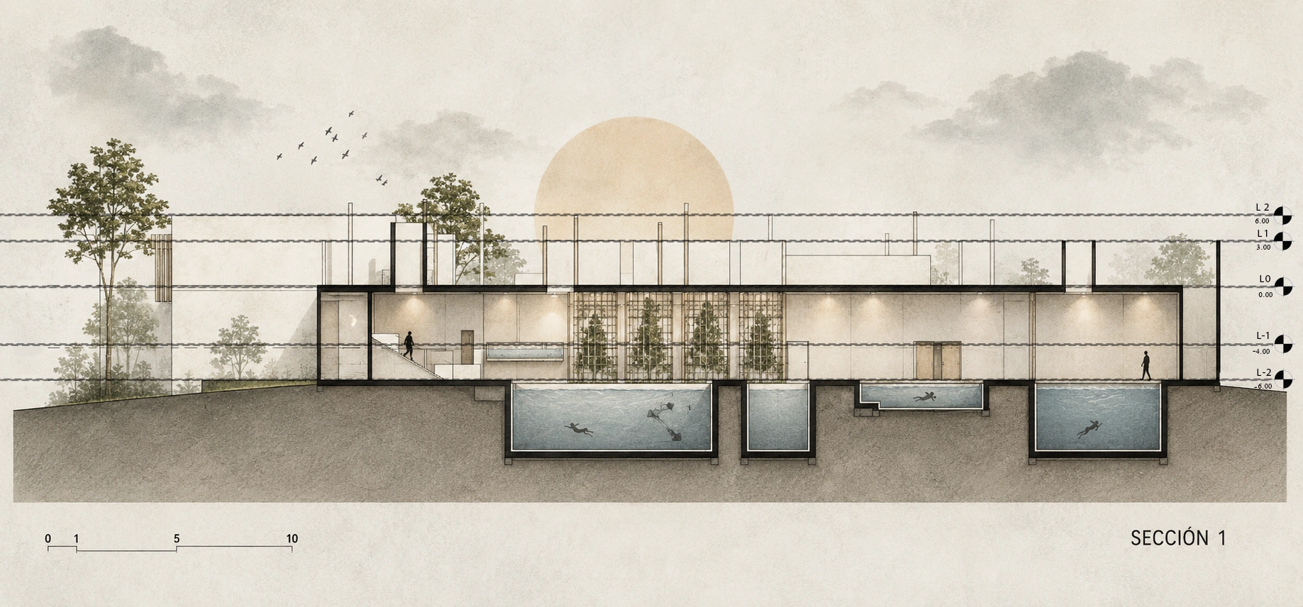 Original rendered section through the pool basins