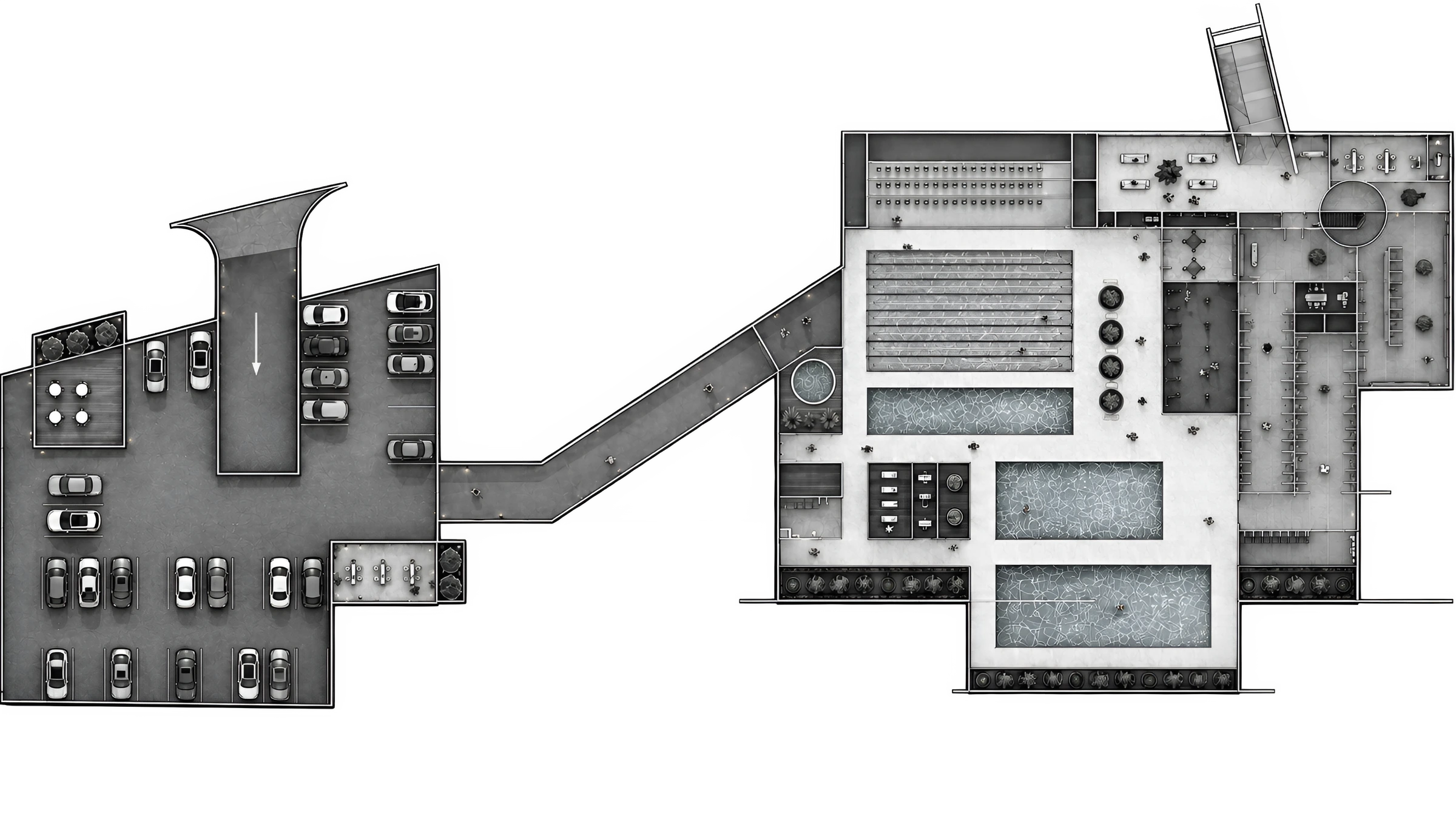 Original monochrome plan of the aquatic level and western buildings