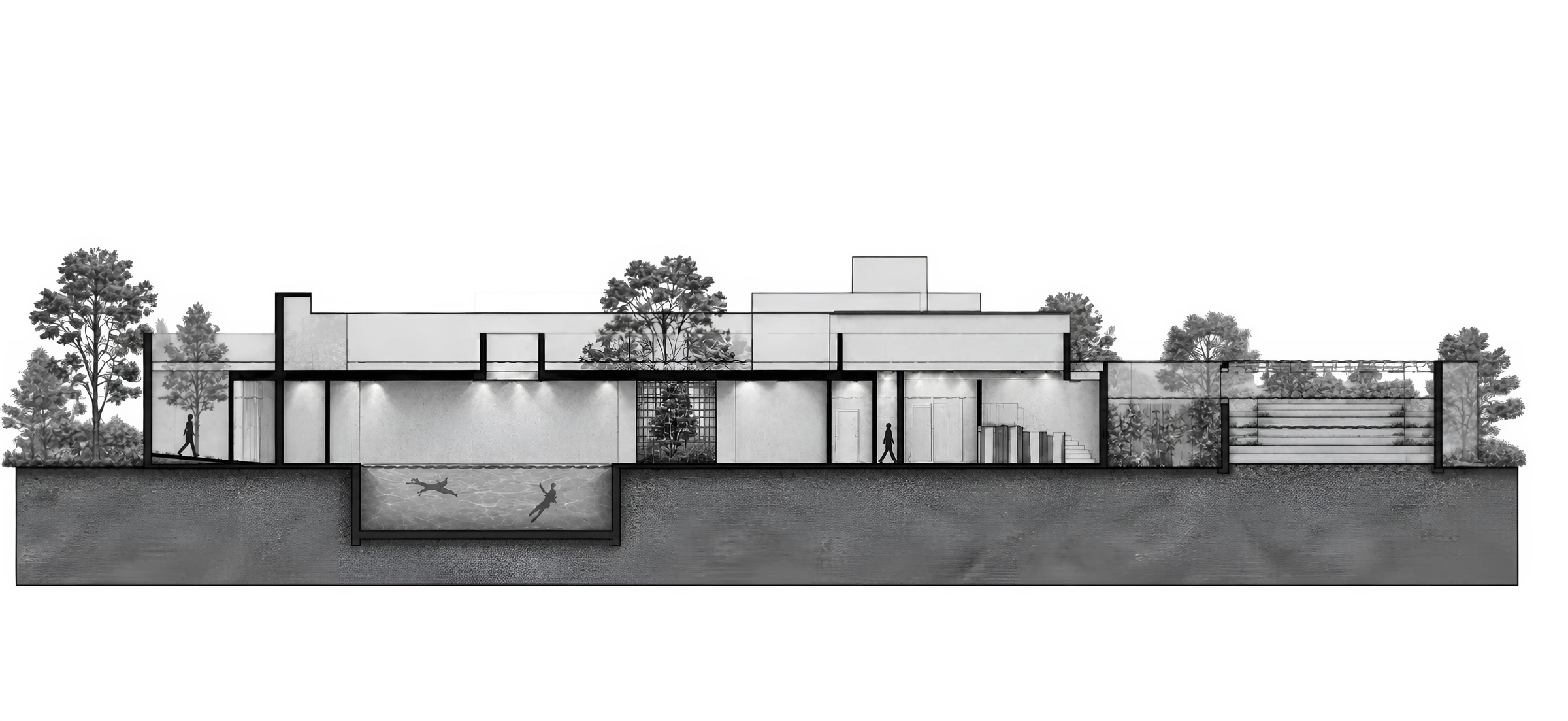 Original monochrome section through the lower level, roof landscape and courtyard