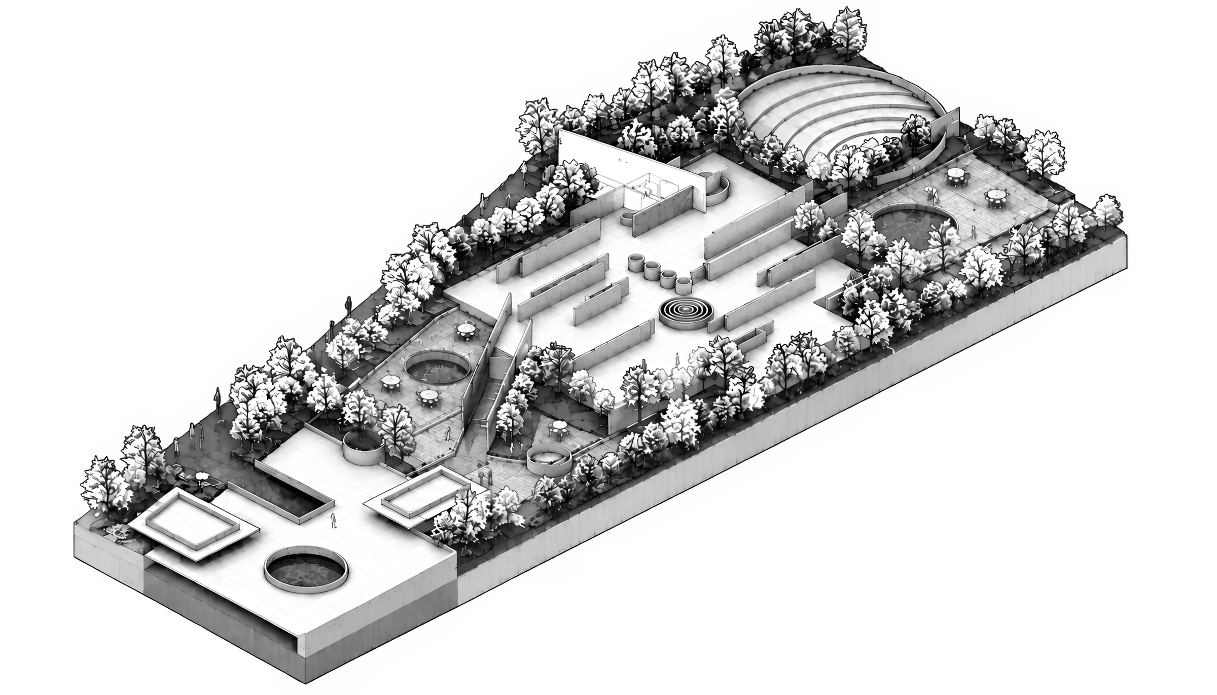 Original monochrome site perspective of Oasis with planted roof terraces, circular openings and amphitheatre