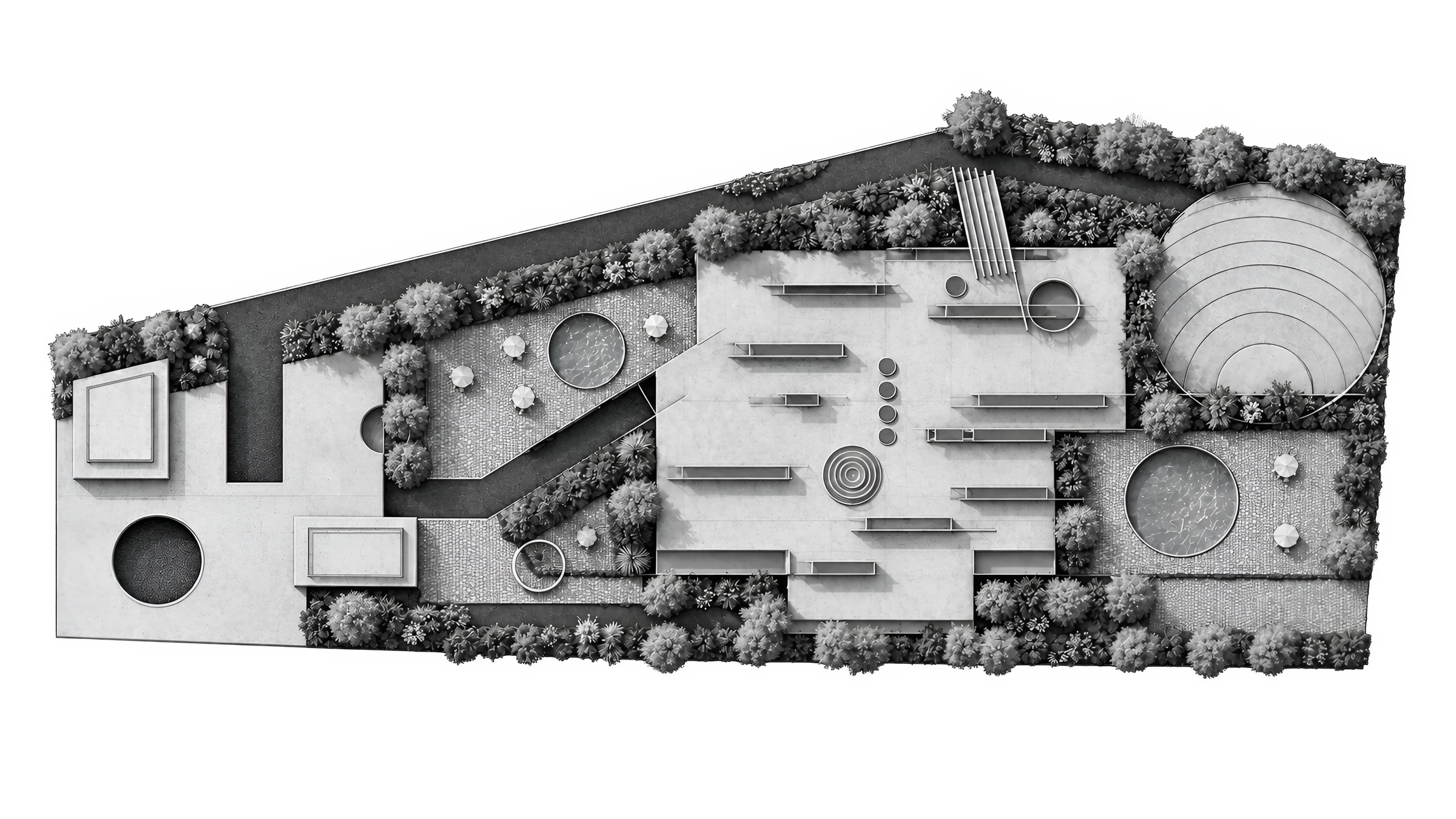 Original monochrome roof plan showing the roof terraces, circular openings and eastern amphitheatre