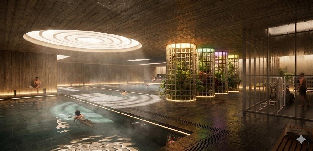 Atmospheric interior visualisation of the recreation pool beneath a circular roof opening