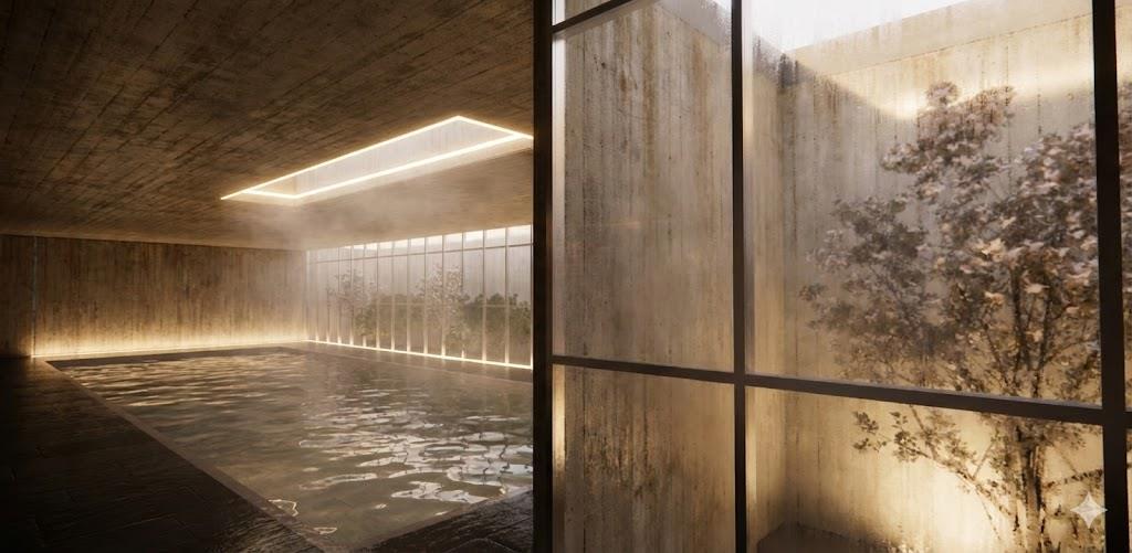 Atmospheric interior visualisation of pool water beside a glazed planted court