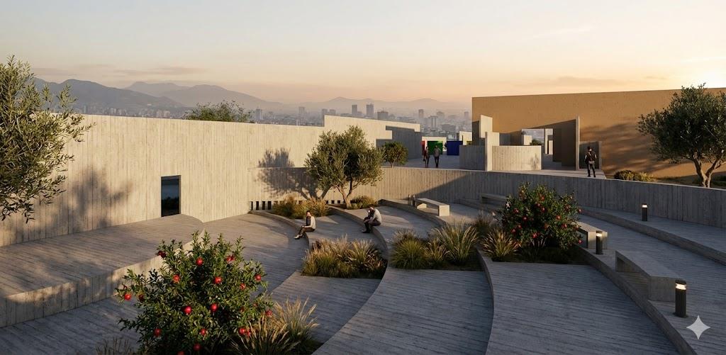 Atmospheric visualisation of the outdoor amphitheatre with curved seating and planting