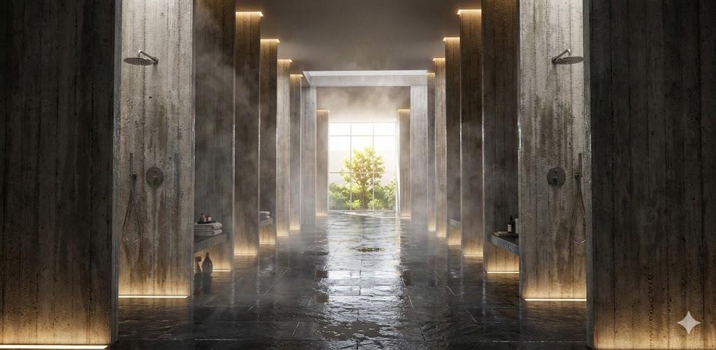Atmospheric visualisation of the showers, looking toward a planted court