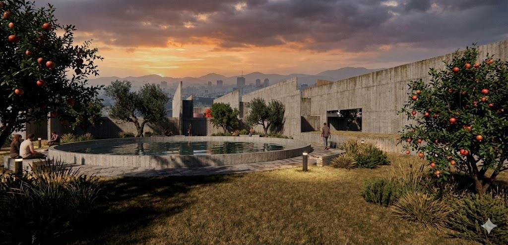 Stylized exterior view of outdoor water, trees and low building edges at sunset