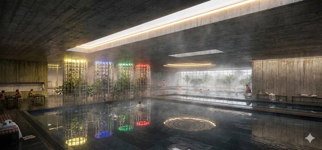 Atmospheric visualisation of the pool hall, with planted wells, roof openings and reflections on the water