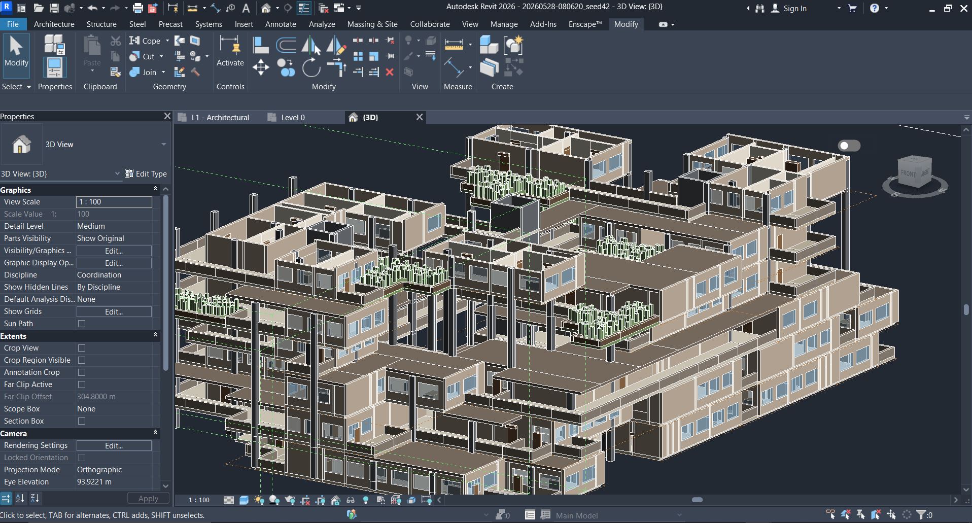 Retained Revit 3D view of stepped housing with detailed rooms, terraces, windows and planted shared decks