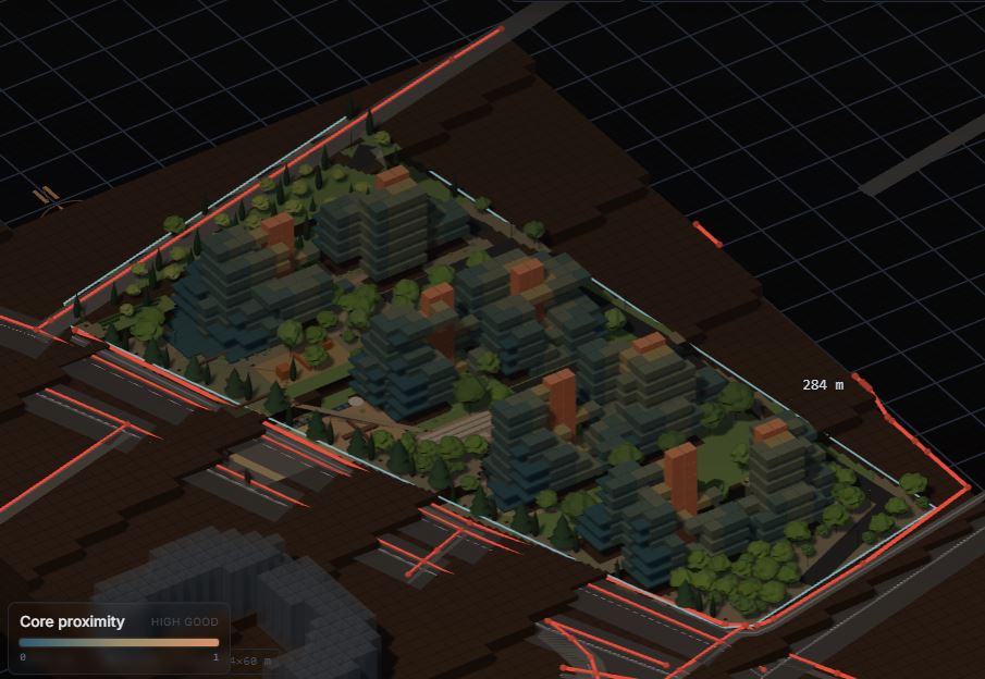 Saved Shahrak application view with core proximity field coloring on the housing model