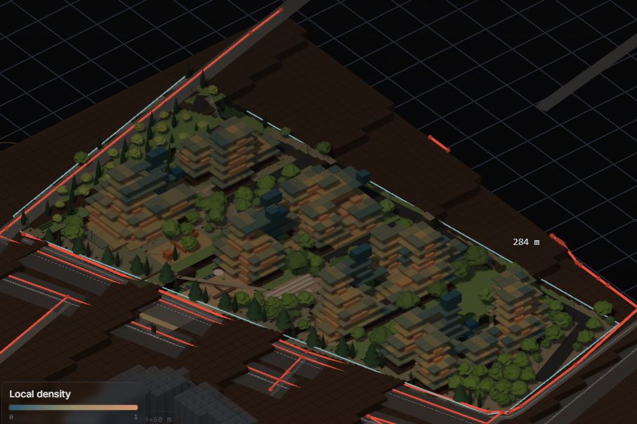 Saved Shahrak application view with local density field coloring on the housing model