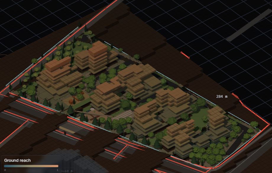 Saved Shahrak application view with ground reach field coloring on the housing model