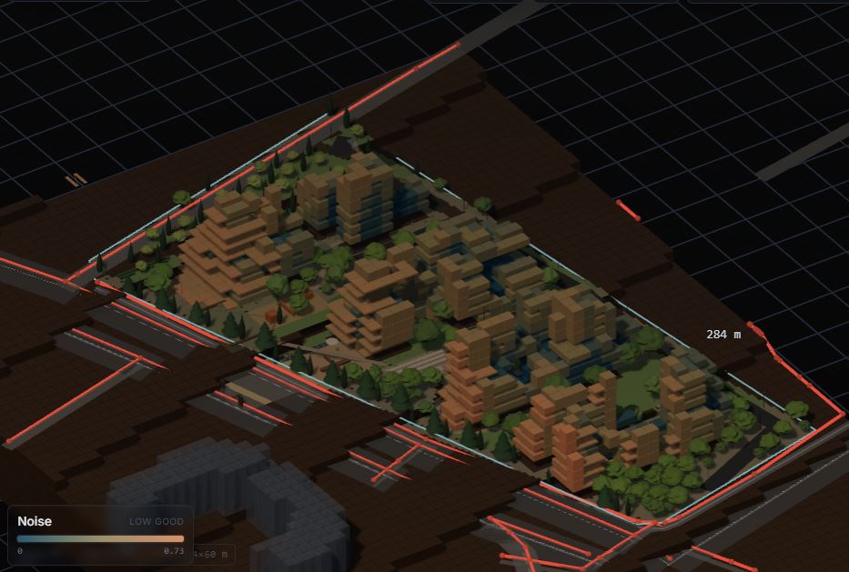 Saved Shahrak application view with noise field coloring on the housing model