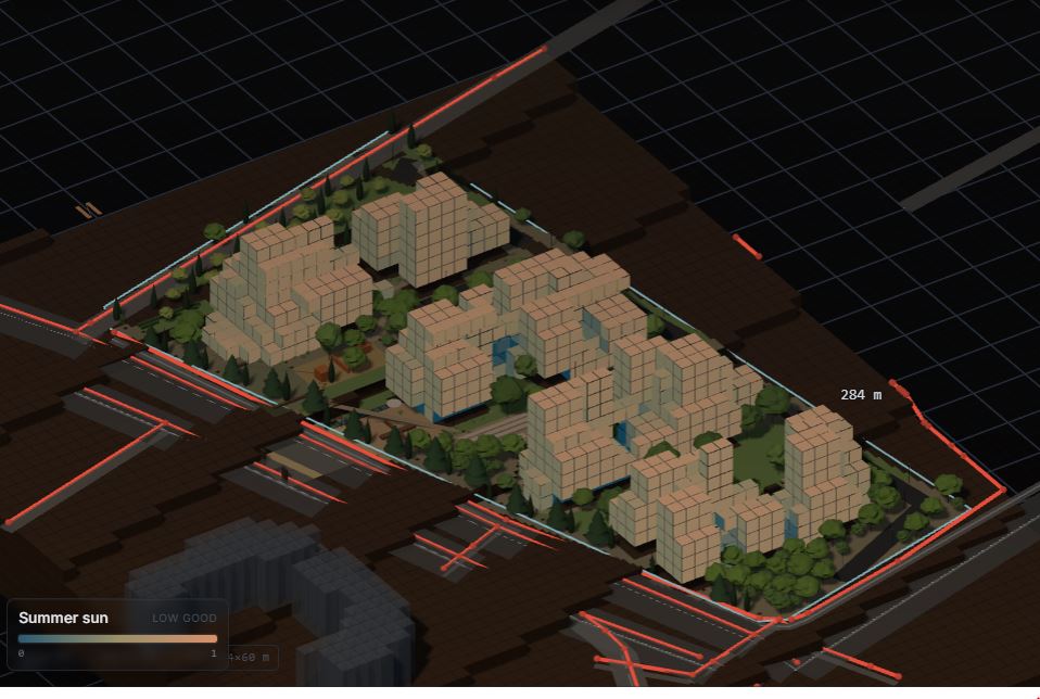 Saved Shahrak application view with summer sun field coloring on the housing model