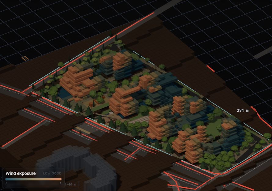 Saved Shahrak application view with wind field coloring on the housing model
