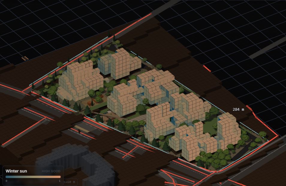 Saved Shahrak application view with winter sun field coloring on the housing model