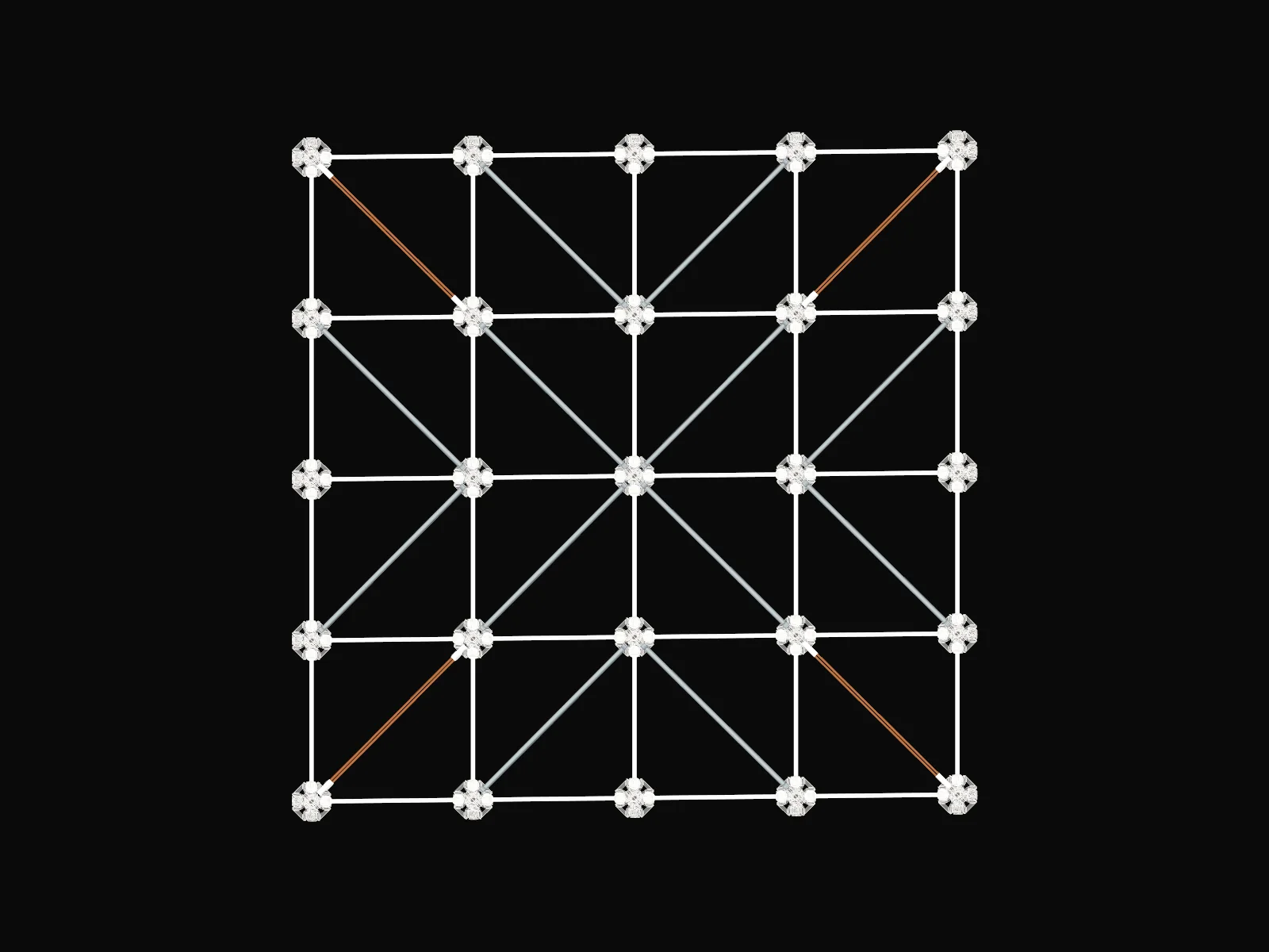 Universal Joints / symmetrical plan study assembled from original node, rod, eye clip and rigid bar meshes; placement is an authored study